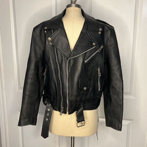 Ripples 90's Vintage Black Leather Moto Jacket Size 42 - Picture 1 of 13
